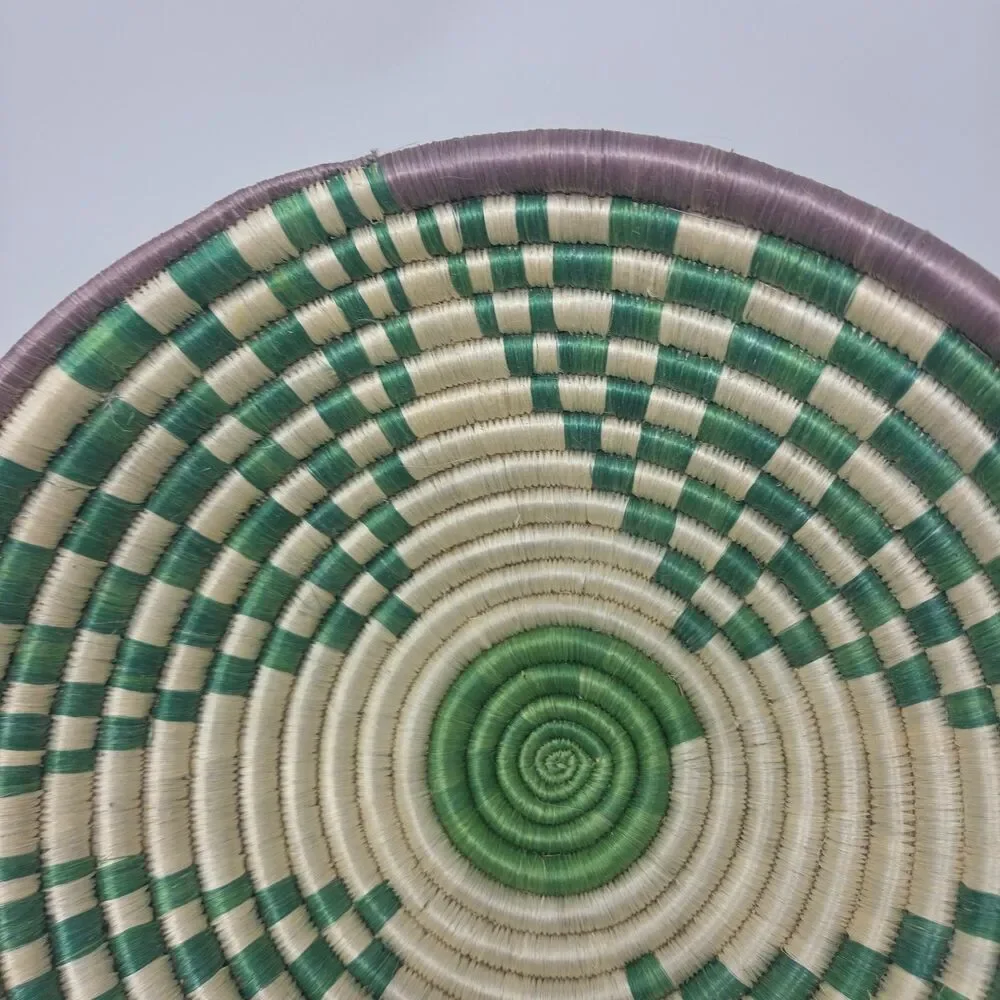 Vintage 11” Woven/Reed Coiled Basket Bowl Wall Green White African